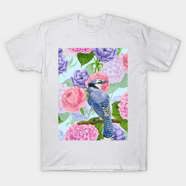 Blue jay and flowers watercolor pattern T-Shirt by katerinamk